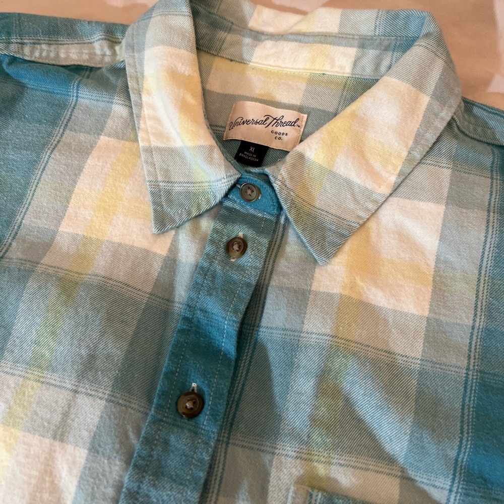 Universal Thread Teal, Yellow and White Flannel Plaid Button-Down Shirt - Women